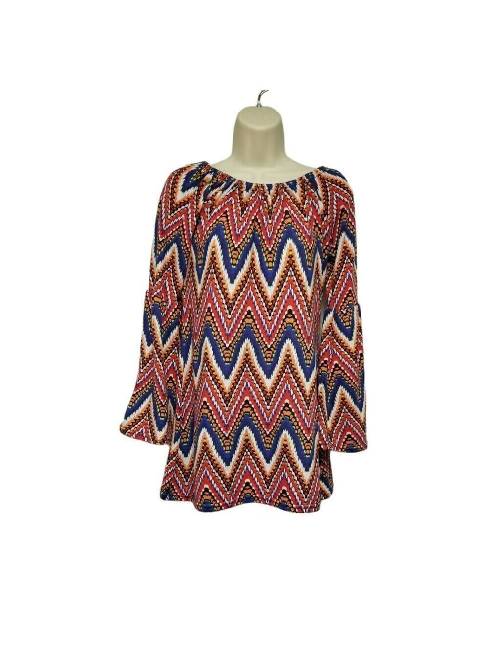 Win-Win Bell Sleeve Off Shoulder Chevron Print Multi Colored Tunic Blouse S/M
